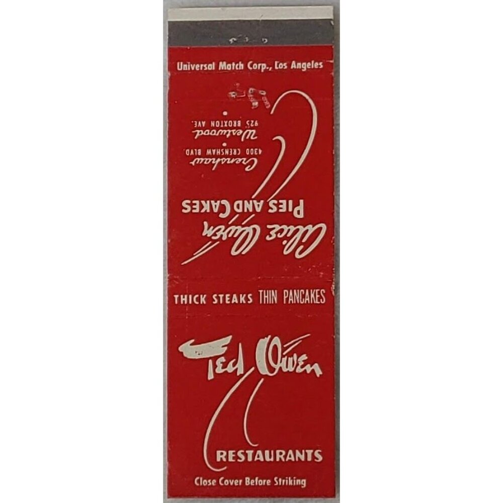 Front Strike Matchbook Cover Ted Owen Restaurants Los Angeles CA California